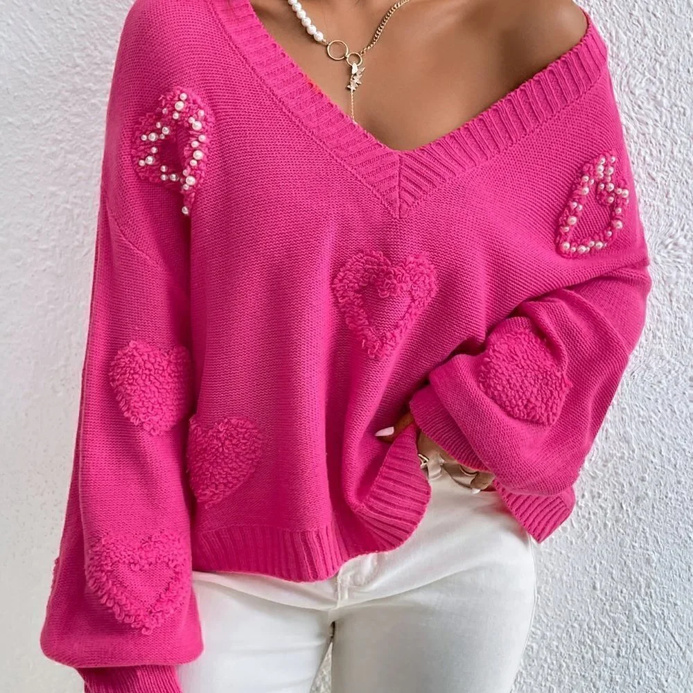 Pink Casual Womens Pearls Heart Detail V-neck Drop Shoulder Sweater - Picture 5 of 5
